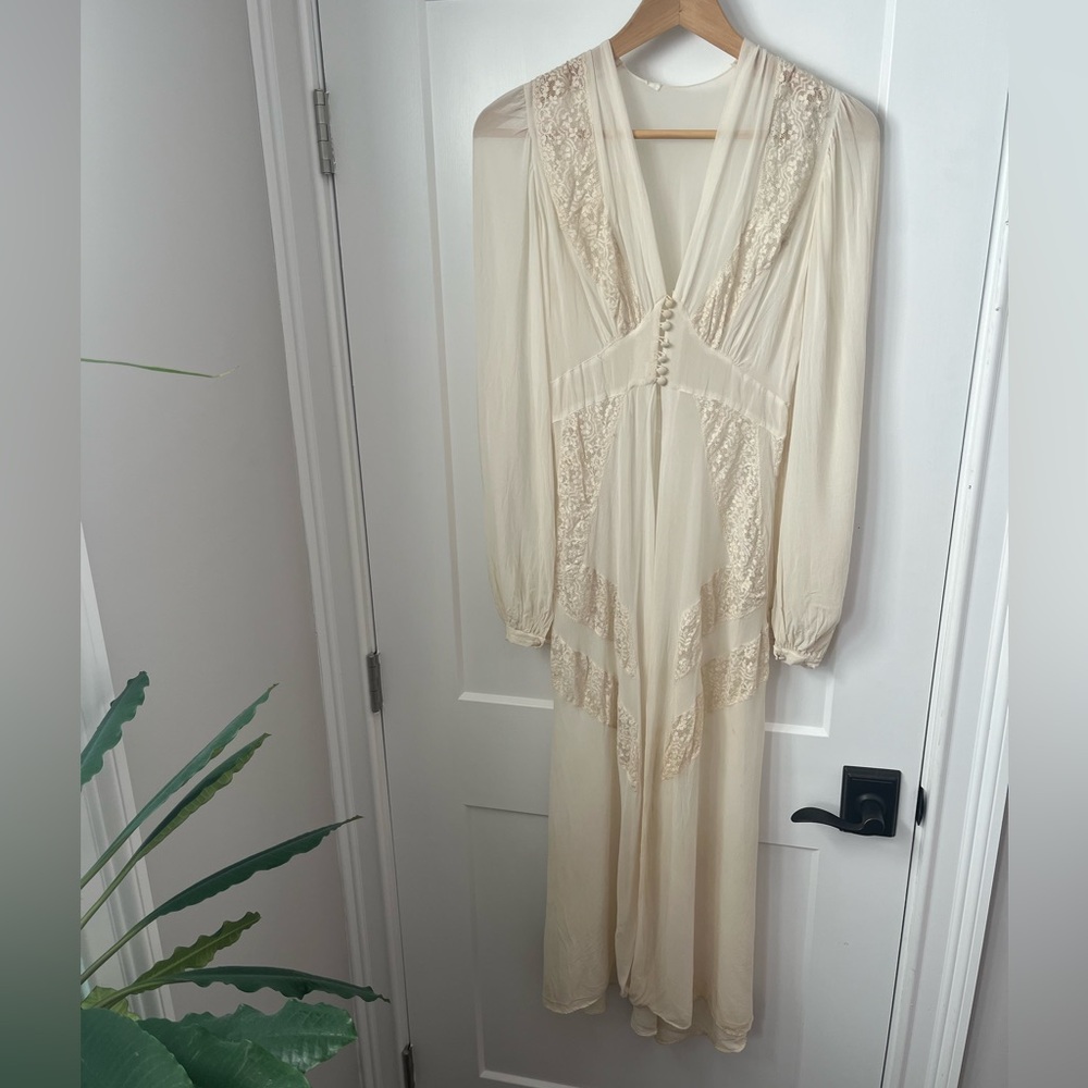 VINTAGE silk chiffon and lace long dress with front buttons